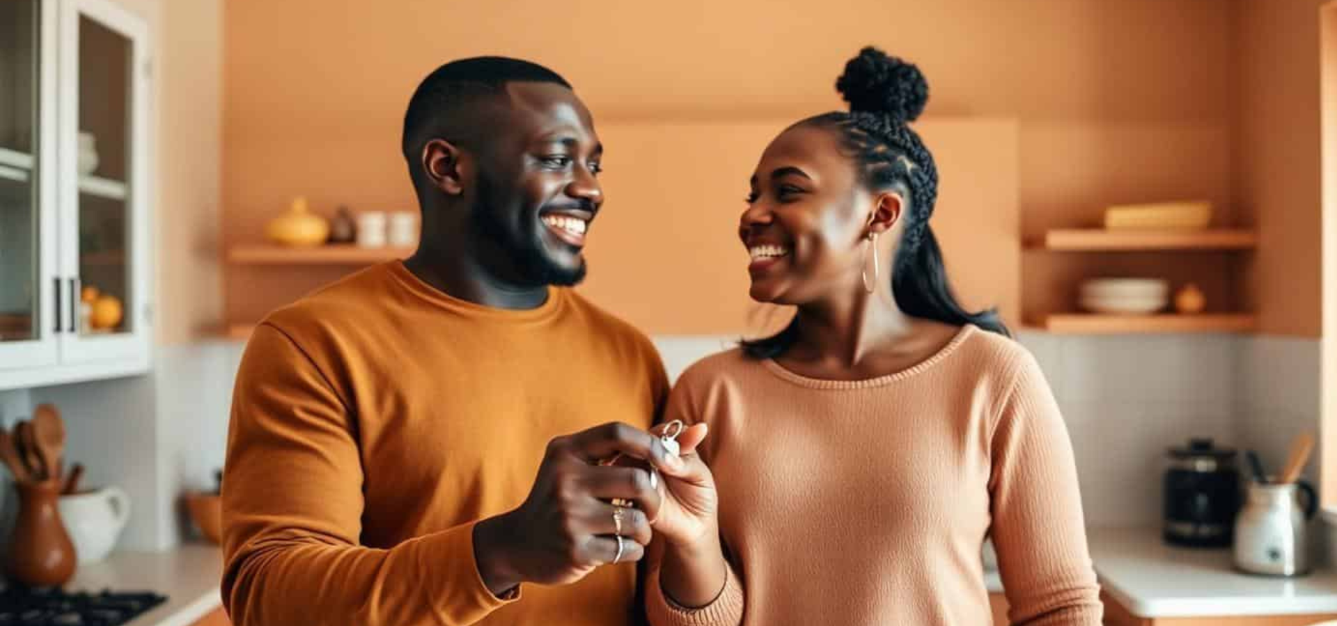 Happy couple holding new keys in their home